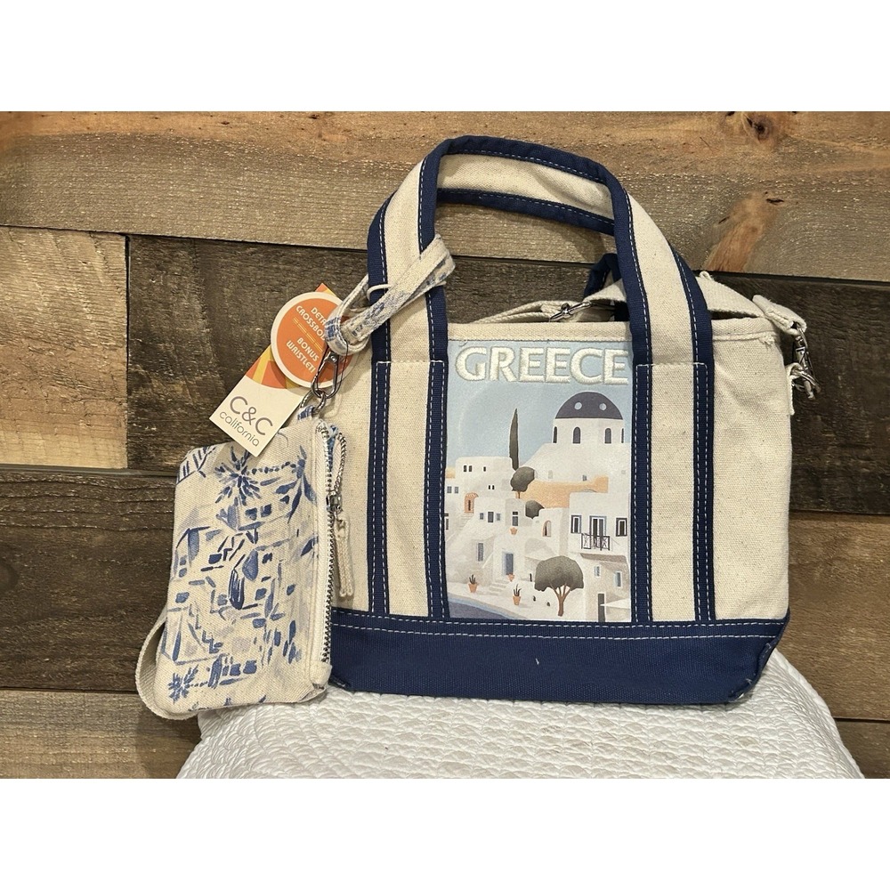 C&C California Women's Blue Greek Canvas Tote Bag w/ Matching Pouch Tiktok Viral